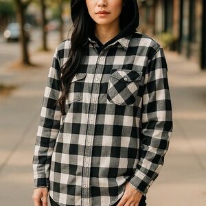 🌸Black & White Plaid Utility Hoodie – Women’s XL – Long Sleeve Cotton